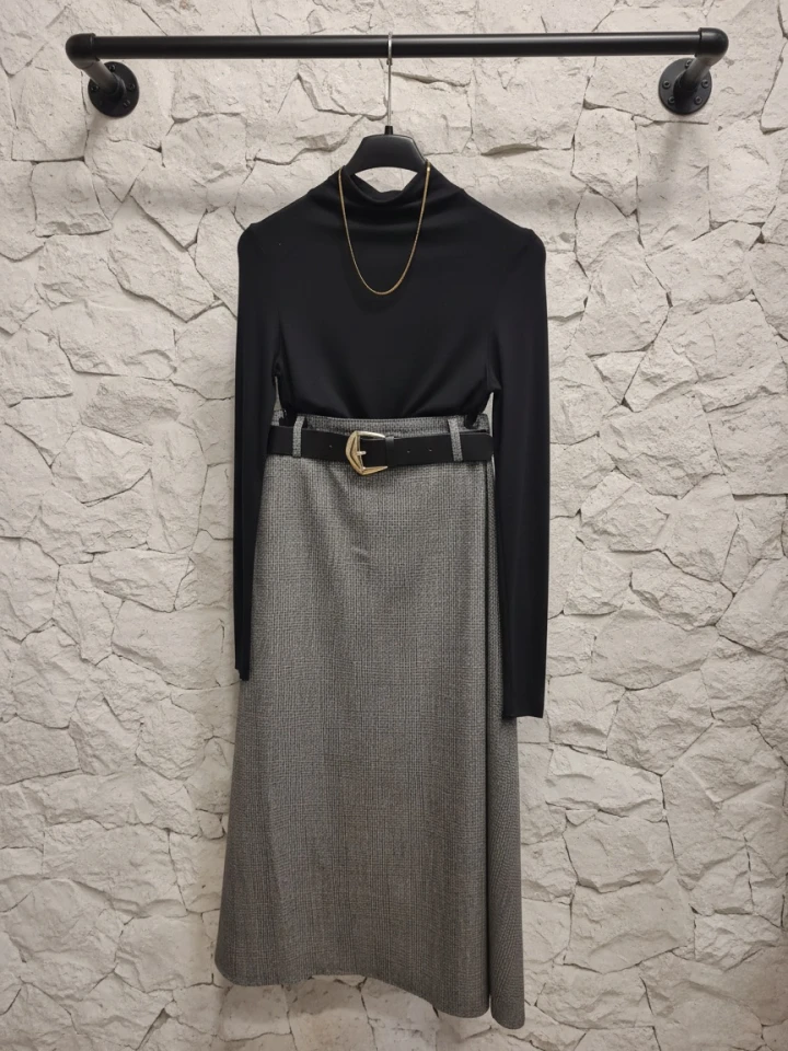 Gri Siyah Kemerli Ekose Desenli Cepli Midi Boy Etek