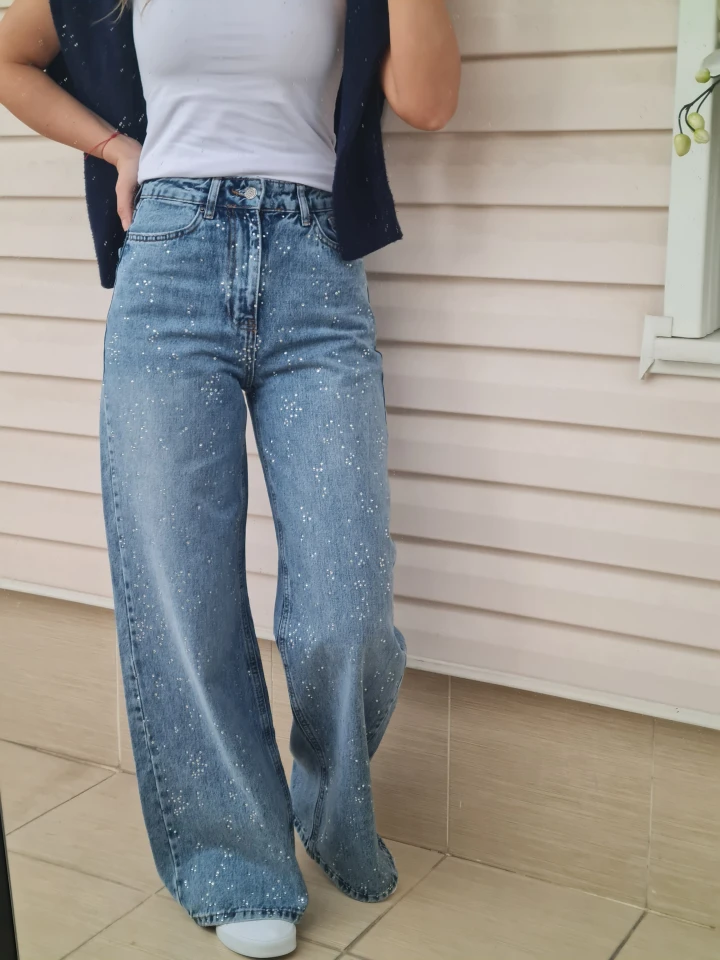 Mavi Taşlı Detaylı Plazzo Jean