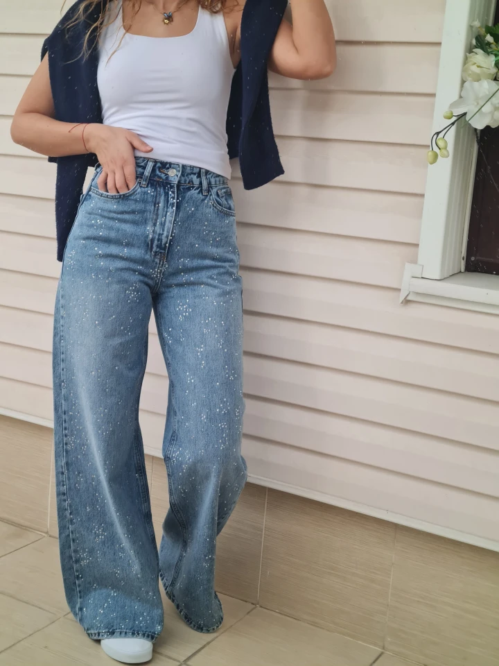 Mavi Taşlı Detaylı Plazzo Jean