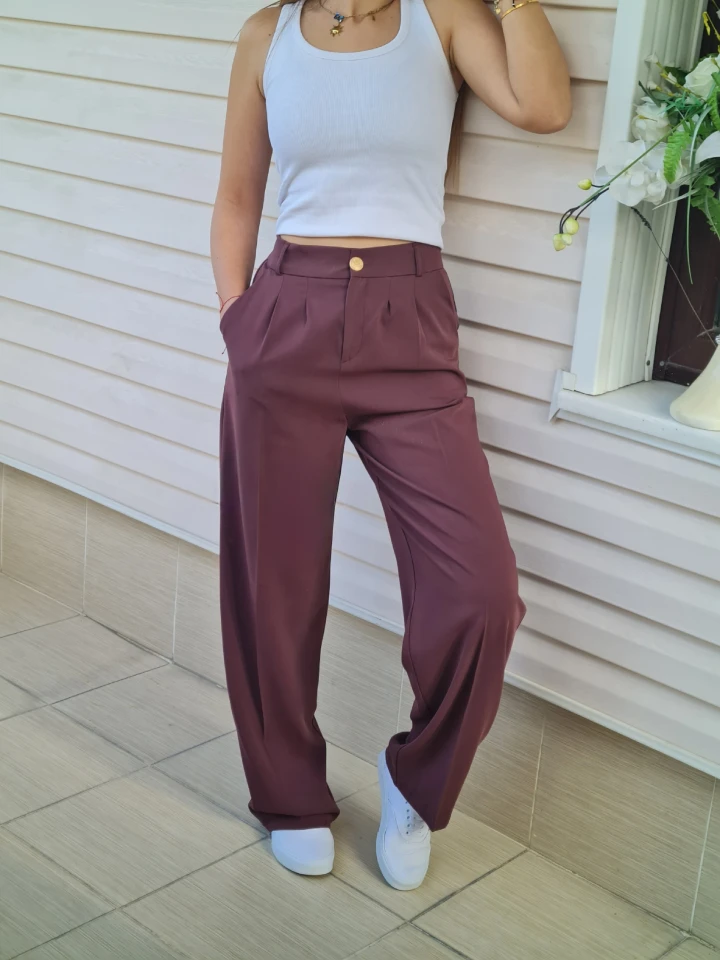 Gold Düğmeli Çift Pileli Arkası Lastikli Krep Kumaş Palazzo Pantolon