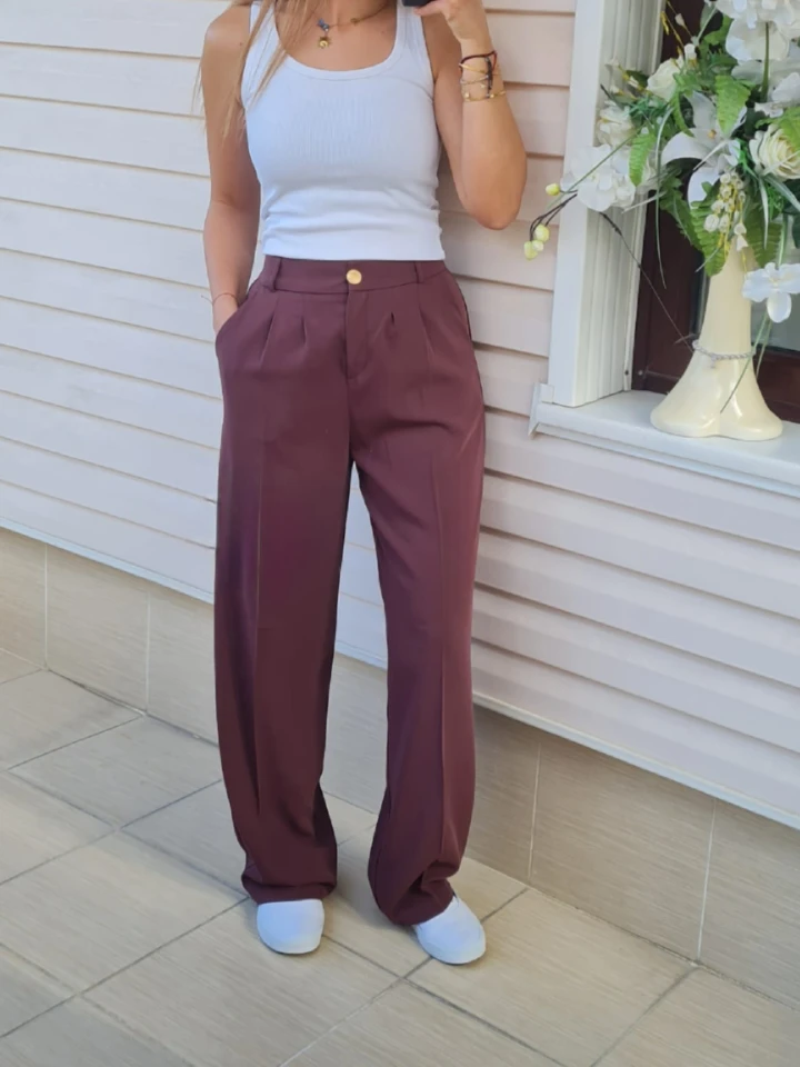 Gold Düğmeli Çift Pileli Arkası Lastikli Krep Kumaş Palazzo Pantolon