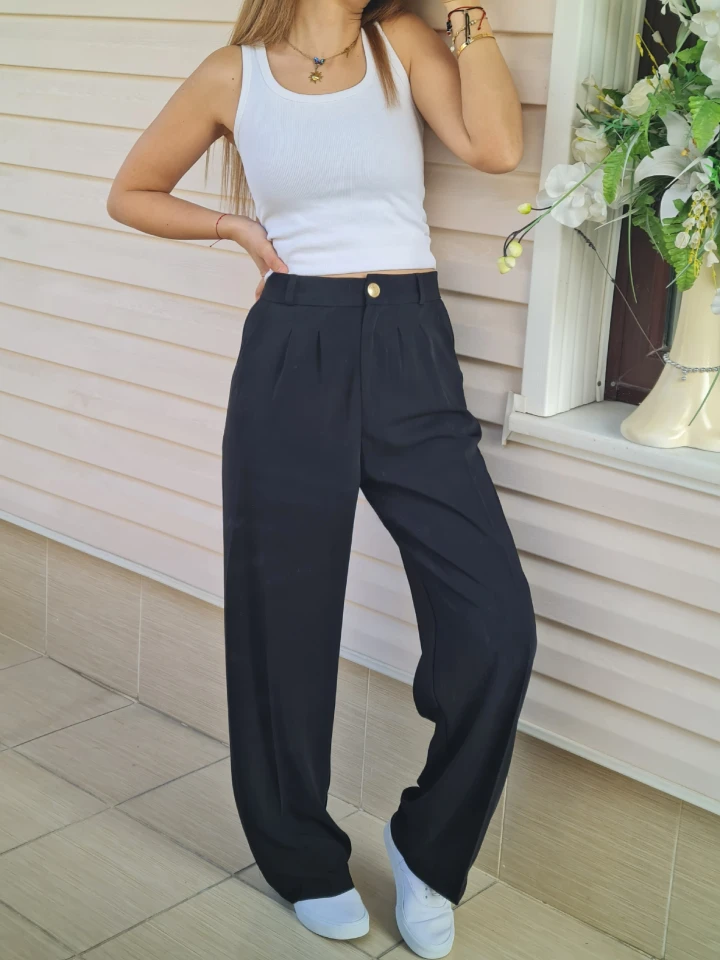 Gold Düğmeli Çift Pileli Arkası Lastikli Krep Kumaş Palazzo Pantolon