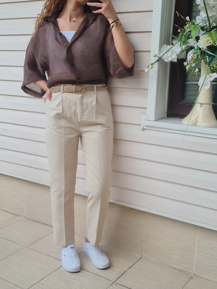 Hasır Kemerli Gabardin Pantolon 