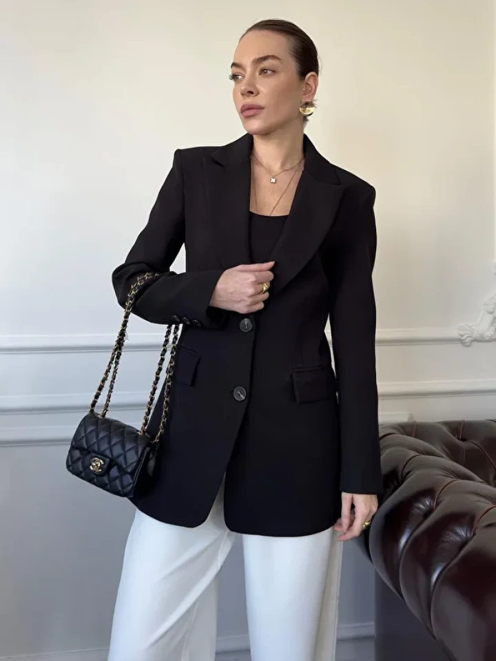 Telablanka Nevür Detay Belden Oturtmalı Premium Blazer Ceket