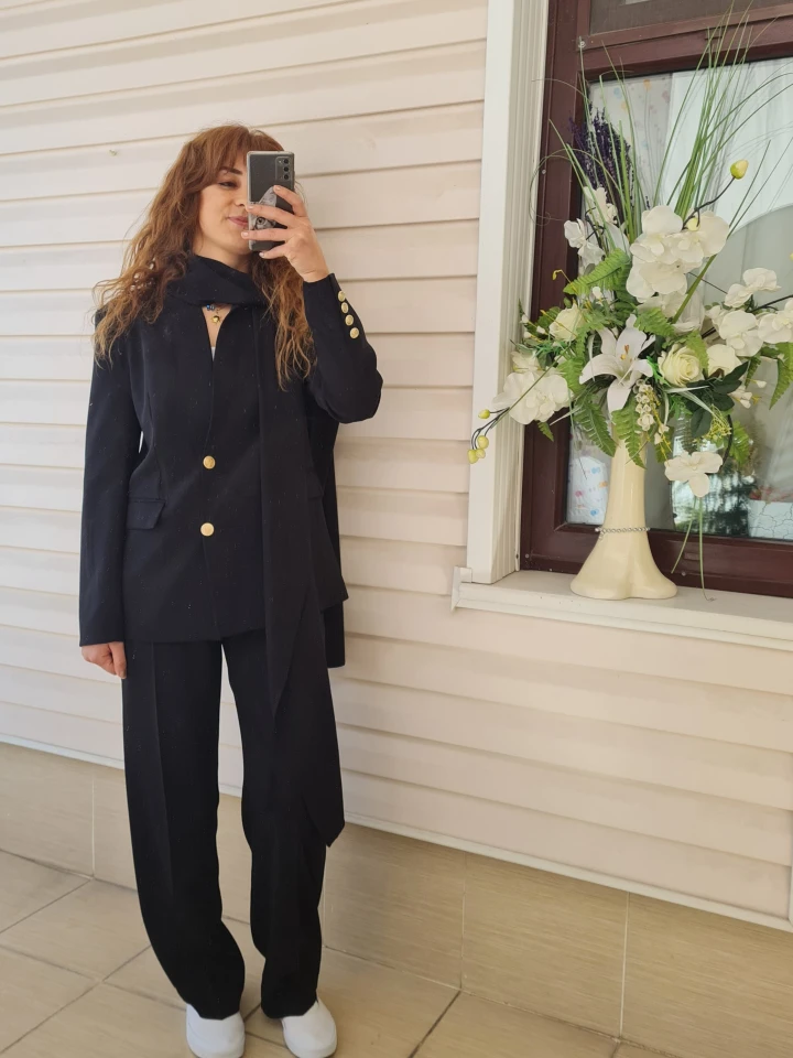 ŞAL DETAYLI SİYAH BLAZER CEKET 