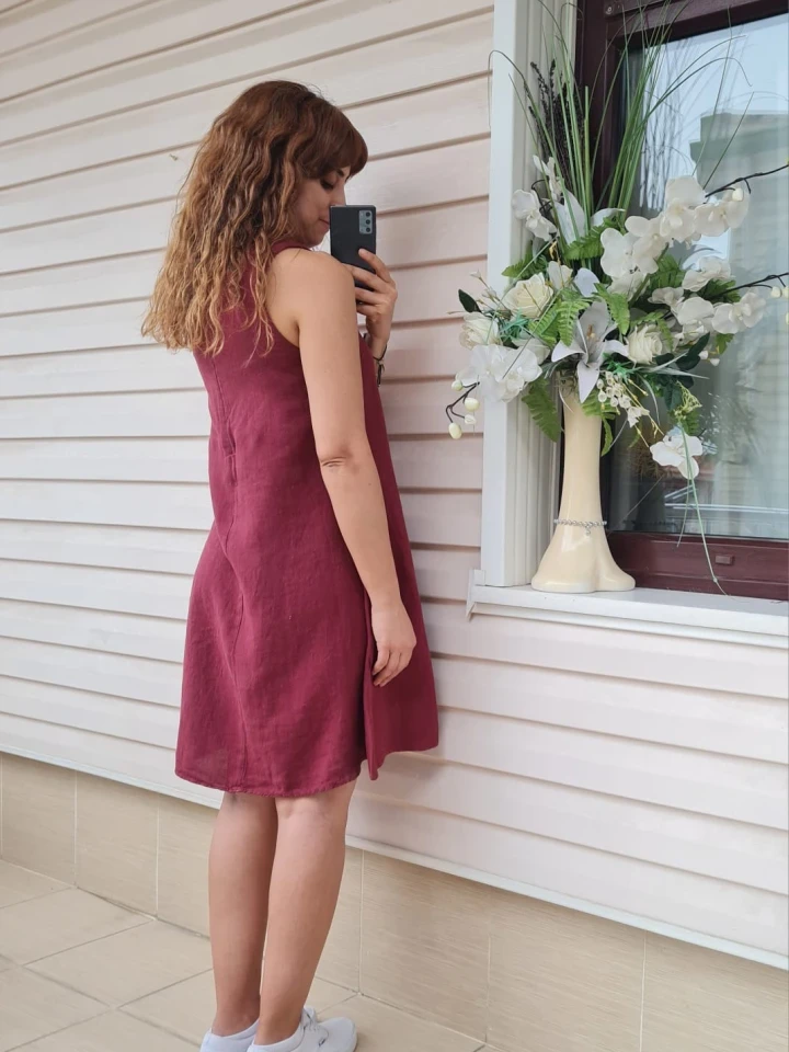 %100 Doğal Ham Keten Elbise - Bordo renk