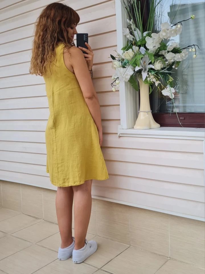 %100 Doğal Ham Keten Elbise - Sarı renk