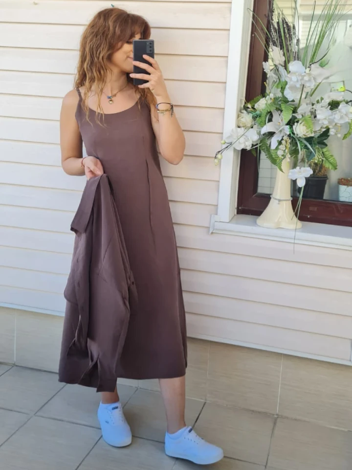 Gömlekli İp Askılı Elbise - Kahverengi renk