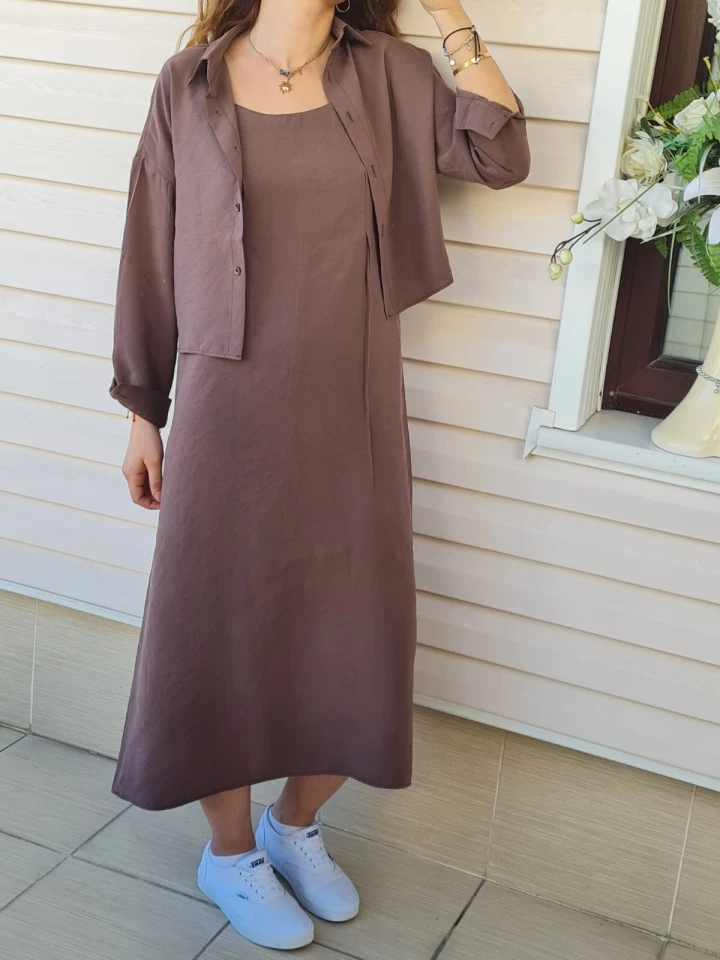 Gömlekli İp Askılı Elbise - Kahverengi renk