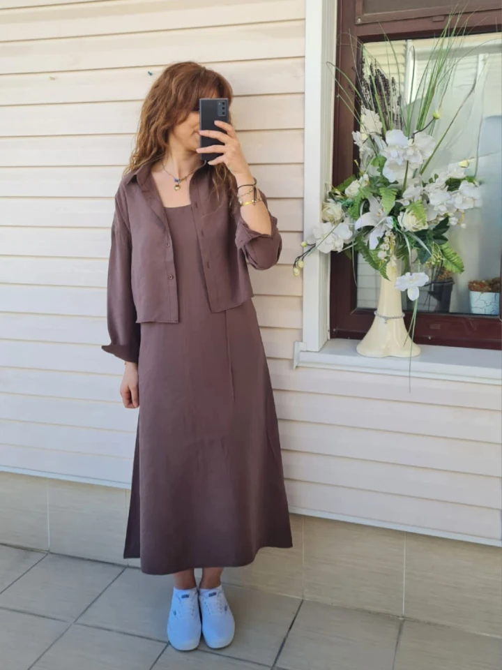 Gömlekli İp Askılı Elbise - Kahverengi renk