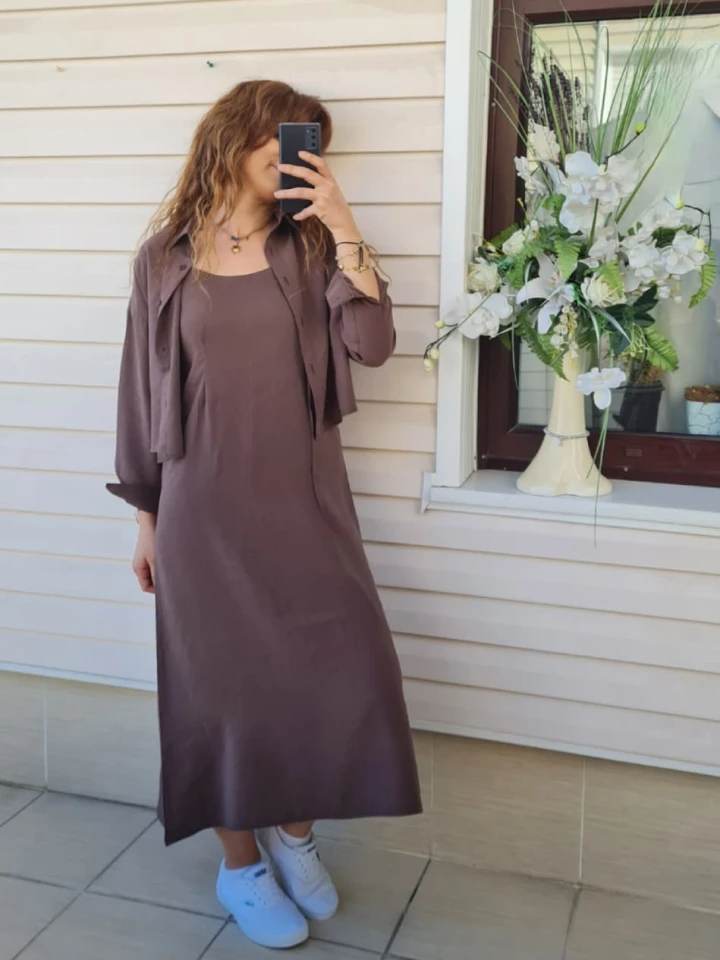 Gömlekli İp Askılı Elbise - Kahverengi renk