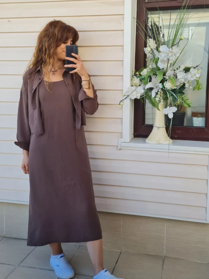 Gömlekli İp Askılı Elbise - Kahverengi renk