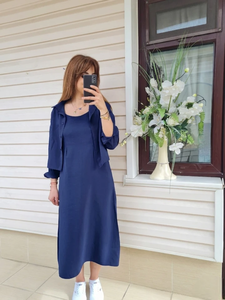 Gömlekli İp Askılı Elbise - Lacivert renk