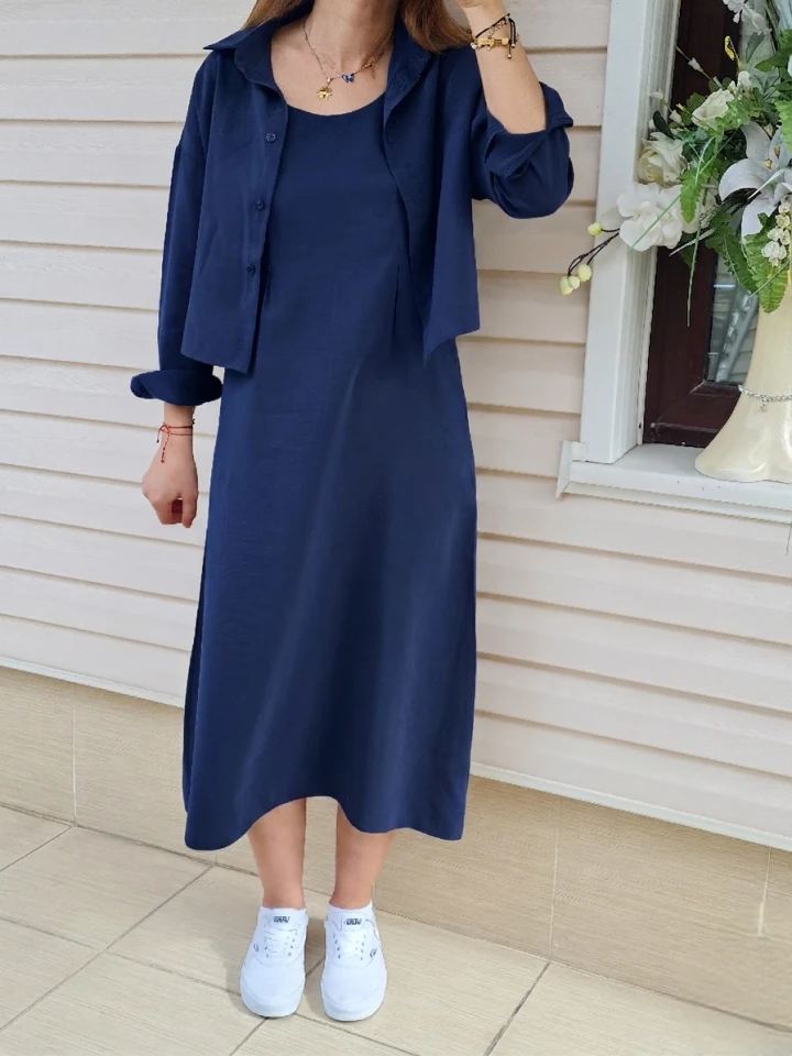 Gömlekli İp Askılı Elbise - Lacivert renk