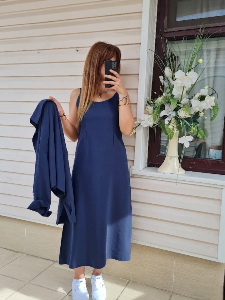 Gömlekli İp Askılı Elbise - Lacivert renk