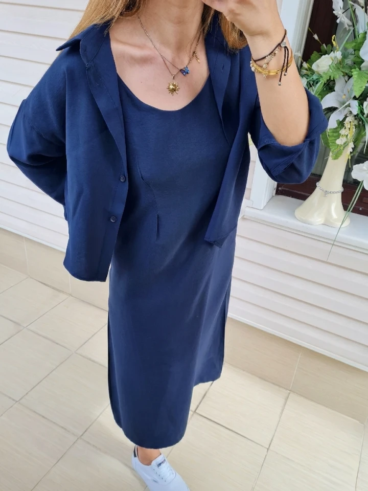 Gömlekli İp Askılı Elbise - Lacivert renk