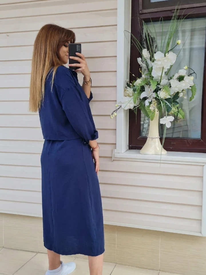 Gömlekli İp Askılı Elbise - Lacivert renk