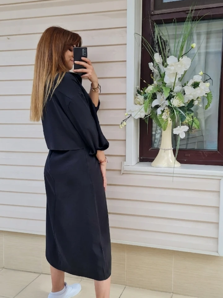 Gömlekli İp Askılı Elbise - Siyah renk