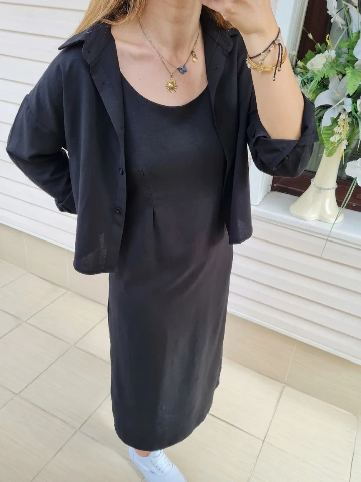 Gömlekli İp Askılı Elbise - Siyah renk