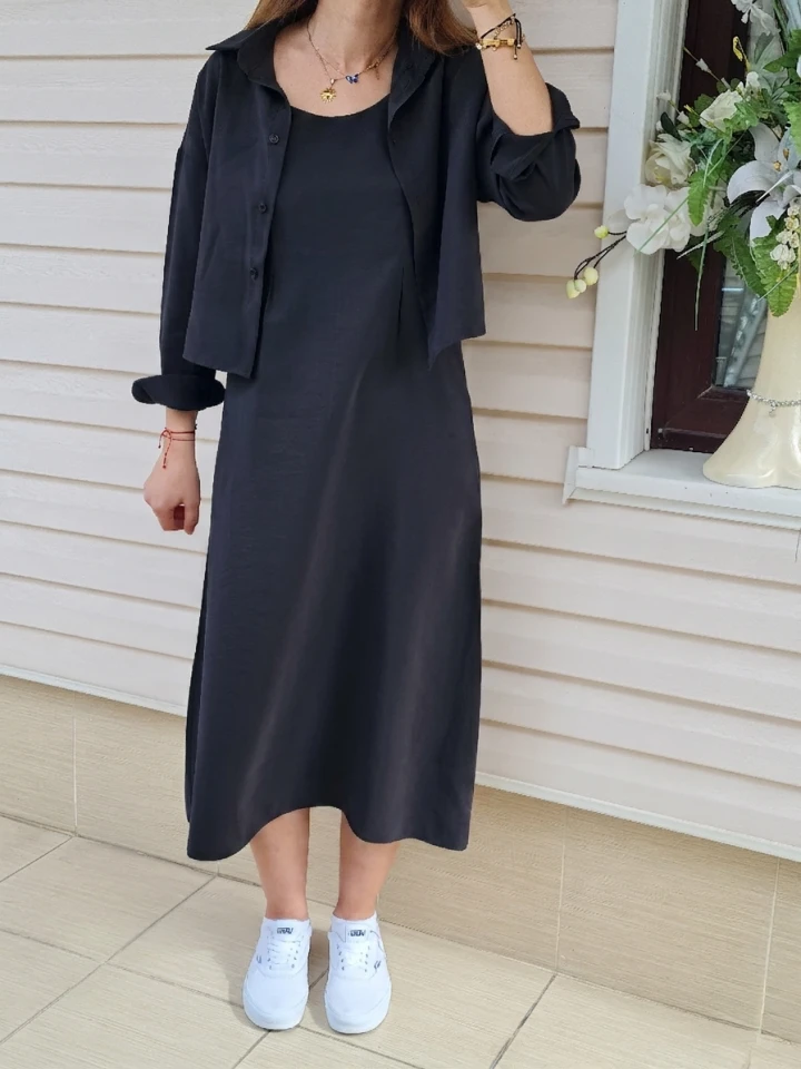 Gömlekli İp Askılı Elbise - Siyah renk