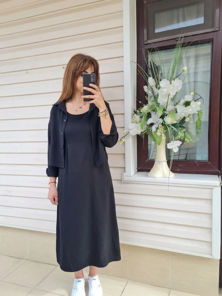 Gömlekli İp Askılı Elbise - Siyah renk