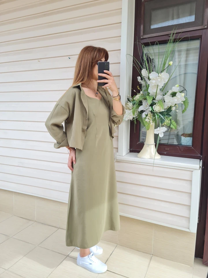 Gömlekli İp Askılı Elbise - Yağ yeşili renk