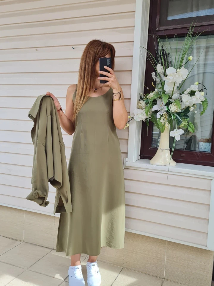 Gömlekli İp Askılı Elbise - Yağ yeşili renk