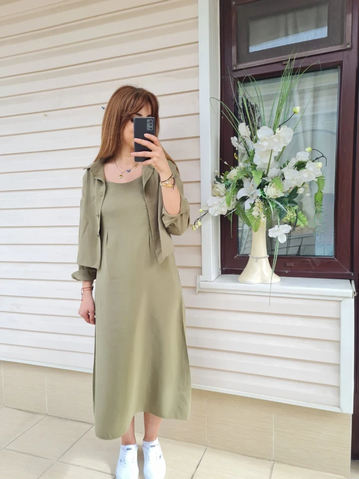 Gömlekli İp Askılı Elbise - Yağ yeşili renk