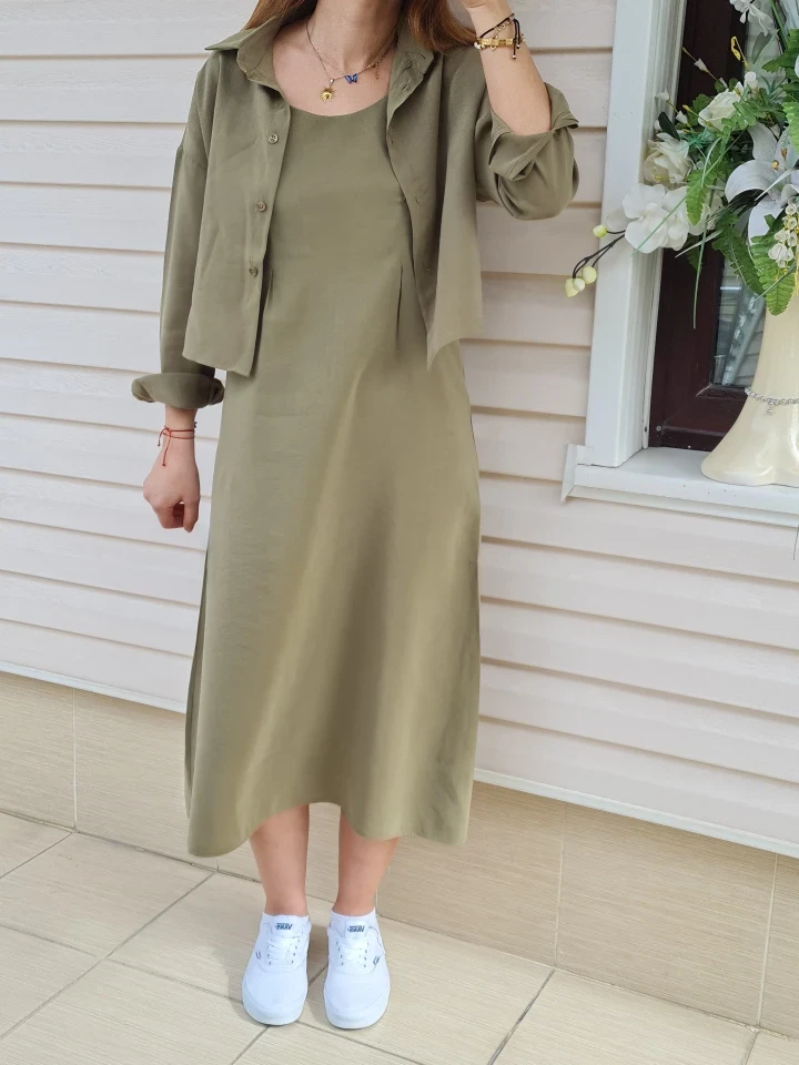 Gömlekli İp Askılı Elbise - Yağ yeşili renk