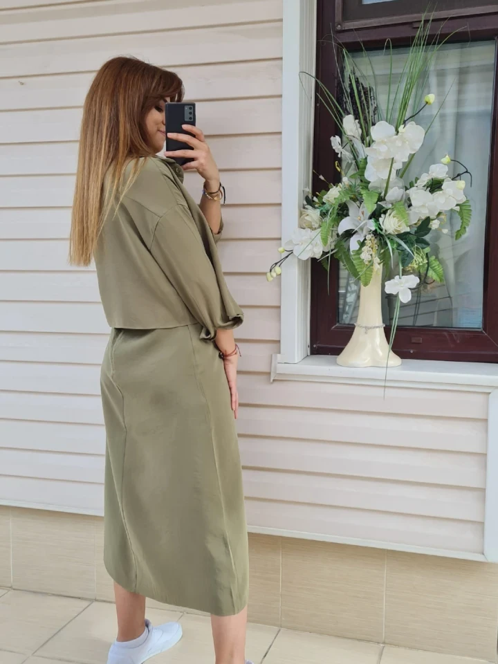 Gömlekli İp Askılı Elbise - Yağ yeşili renk