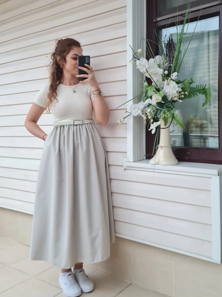 Kemer Detaylı Penye & Poplin Elbise 