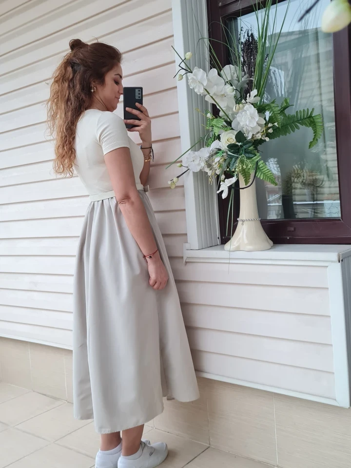 Kemer Detaylı Penye & Poplin Elbise  - Bej renk