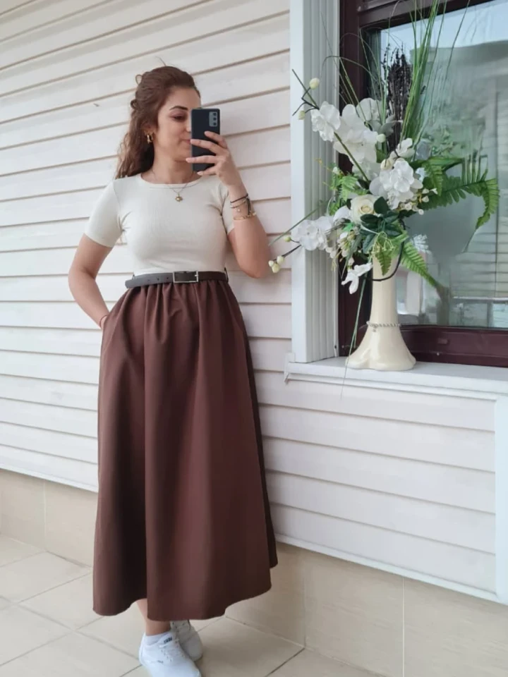Kemer Detaylı Penye & Poplin Elbise  - Kahverengi renk
