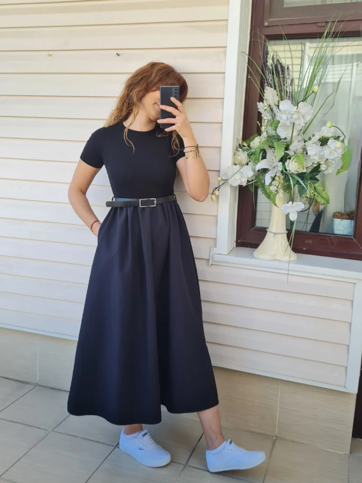 Kemer Detaylı Penye & Poplin Elbise  - Siyah renk