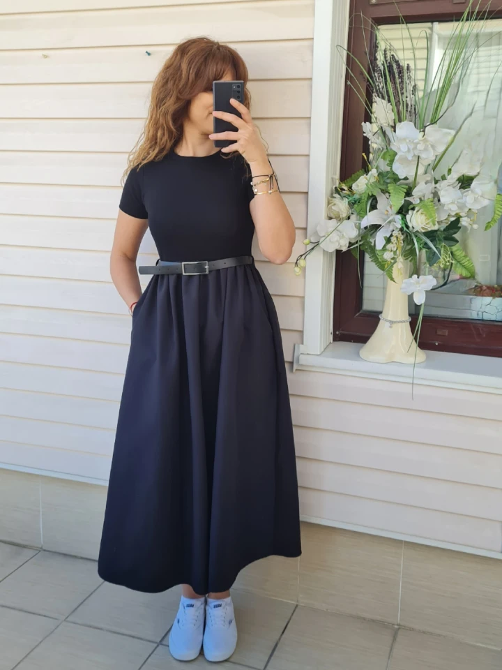 Kemer Detaylı Penye & Poplin Elbise  - Siyah renk