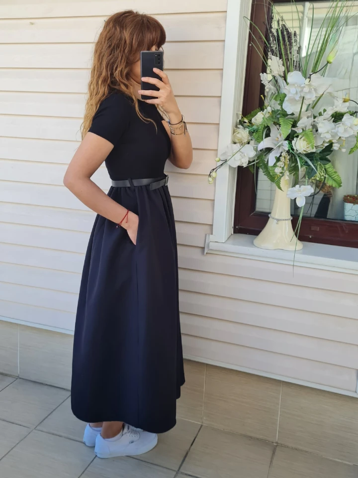 Kemer Detaylı Penye & Poplin Elbise  - Siyah renk