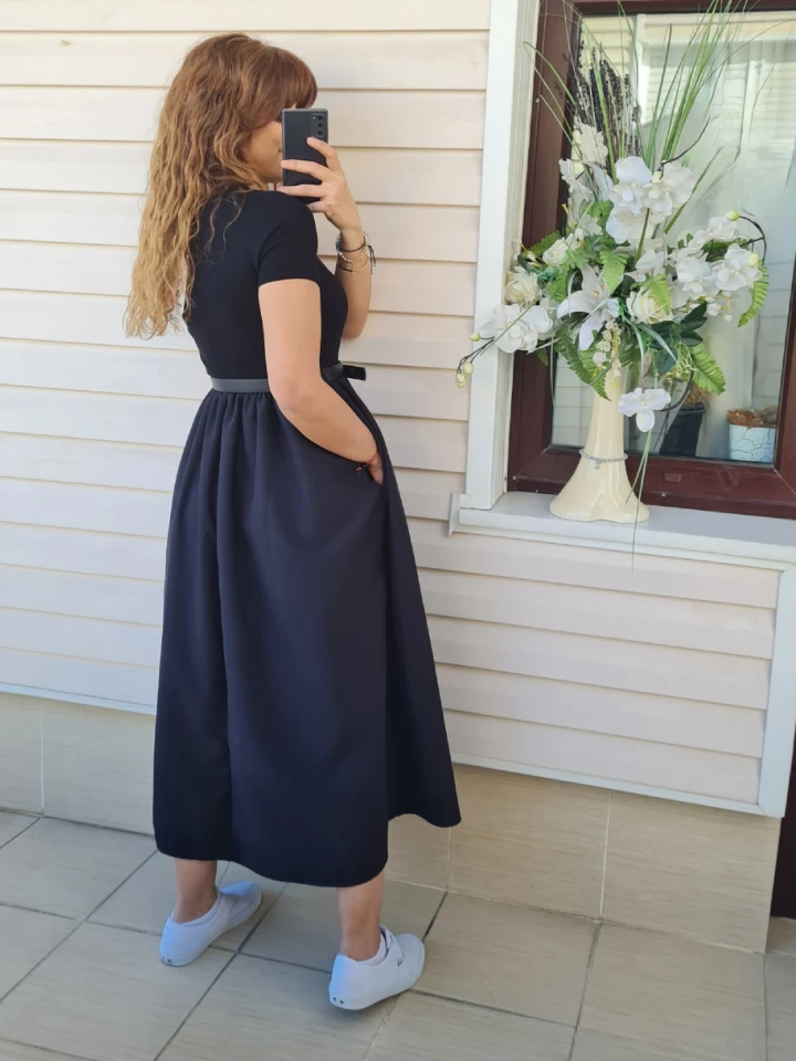 Kemer Detaylı Penye & Poplin Elbise  - Siyah renk