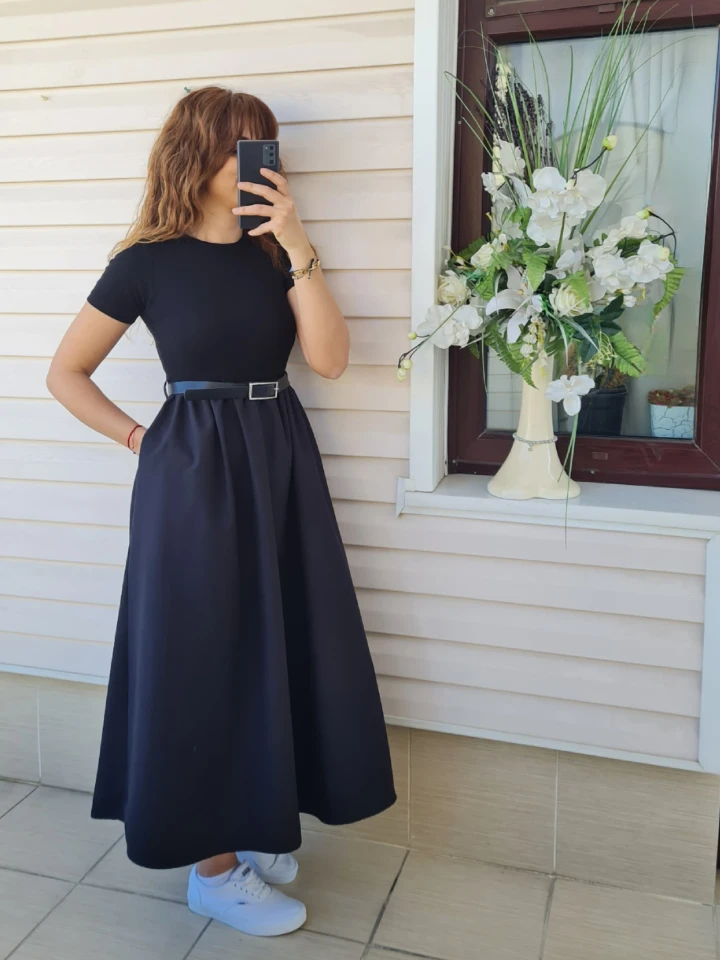 Kemer Detaylı Penye & Poplin Elbise  - Siyah renk