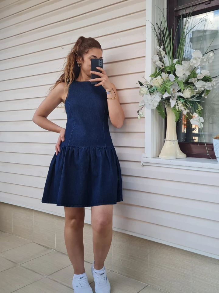 Kot Rengi Fermuarlı Denim Elbise - Lacivert renk