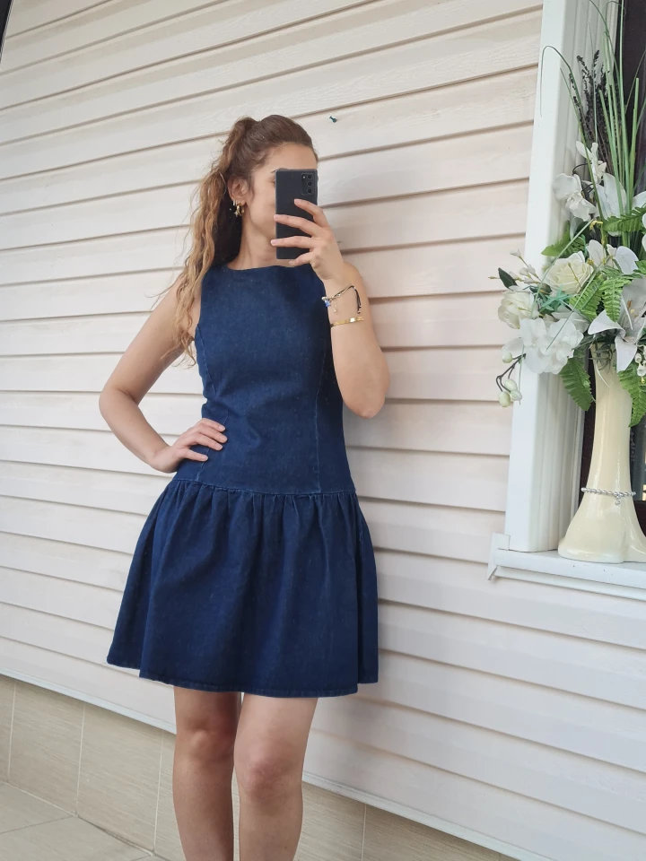Kot Rengi Fermuarlı Denim Elbise - Lacivert renk