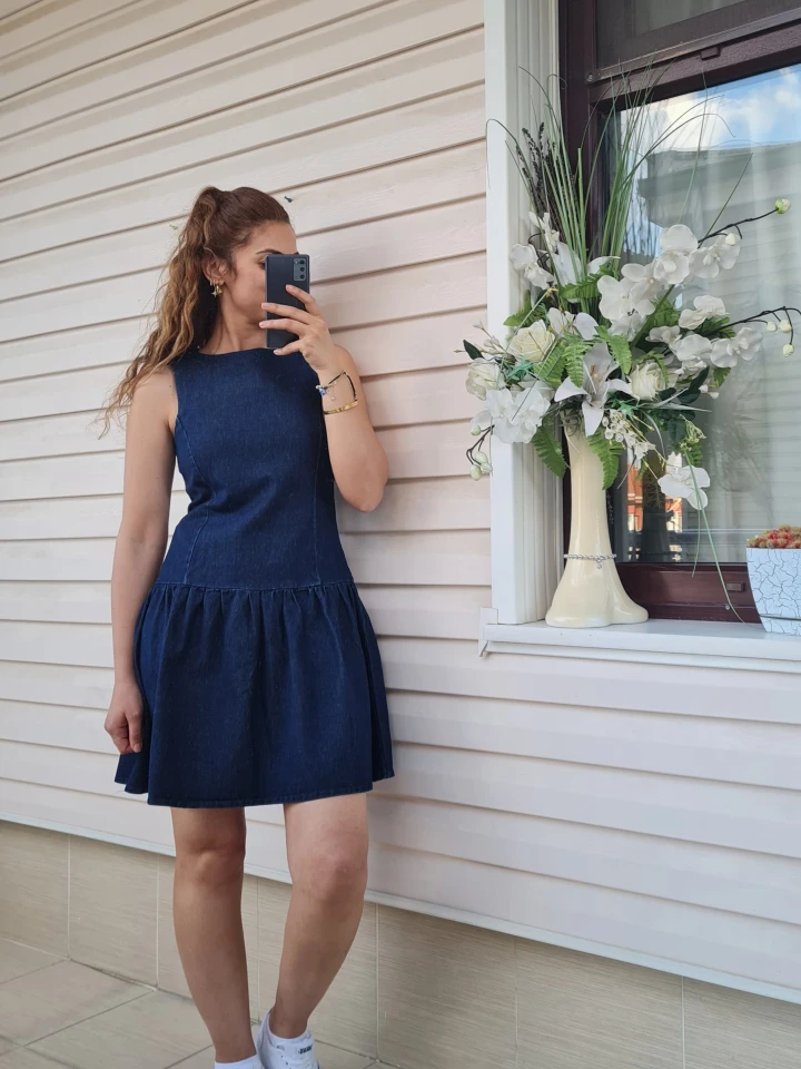 Kot Rengi Fermuarlı Denim Elbise - Lacivert renk