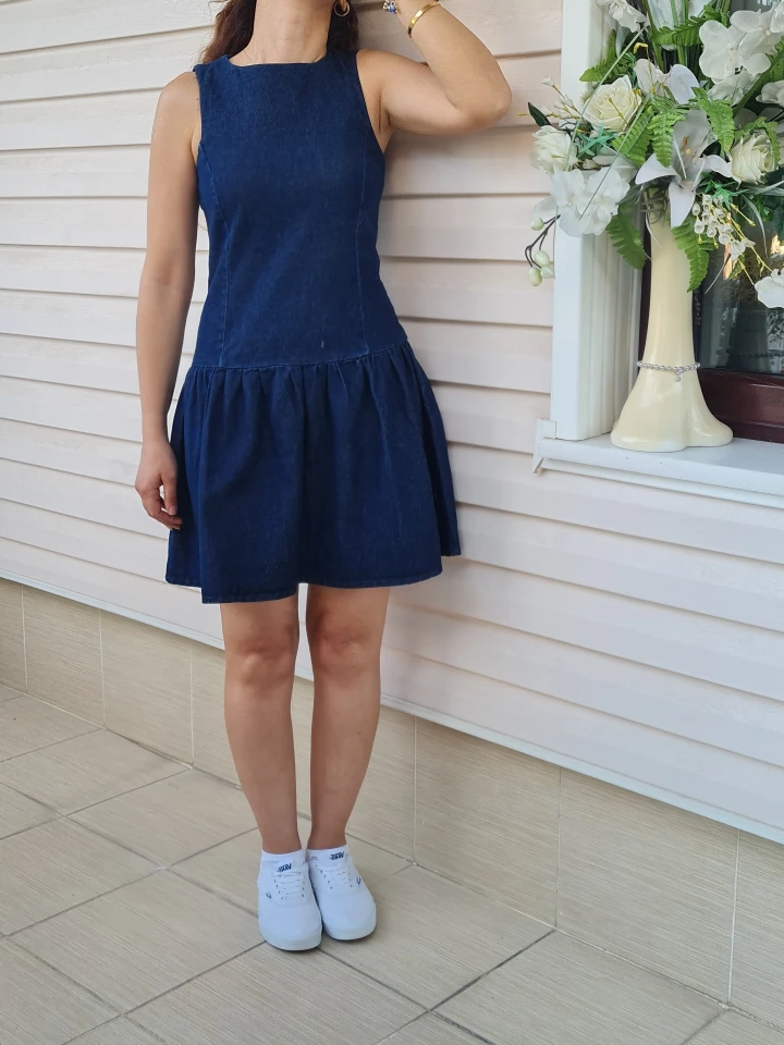 Kot Rengi Fermuarlı Denim Elbise - Lacivert renk