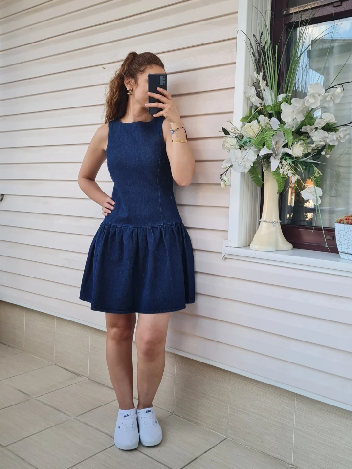 Kot Rengi Fermuarlı Denim Elbise - Lacivert renk