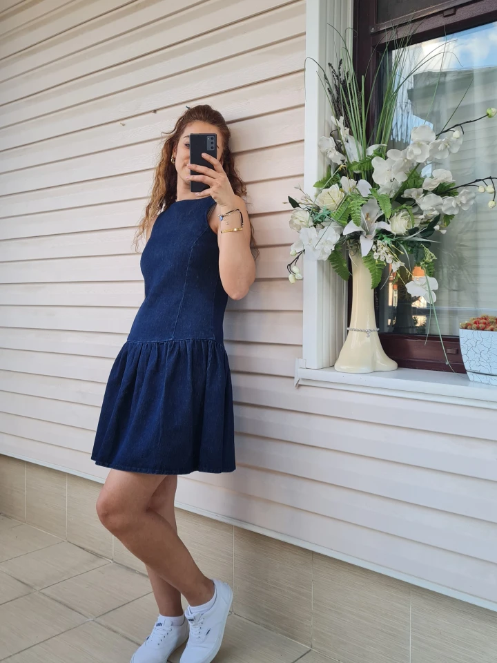 Kot Rengi Fermuarlı Denim Elbise - Lacivert renk