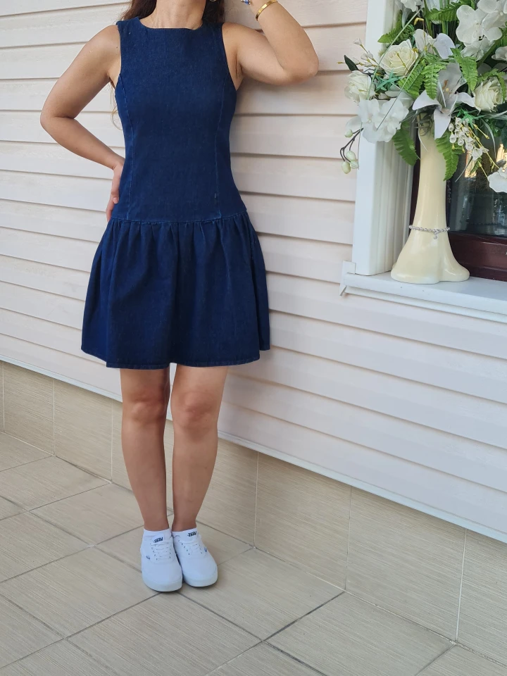 Kot Rengi Fermuarlı Denim Elbise - Lacivert renk