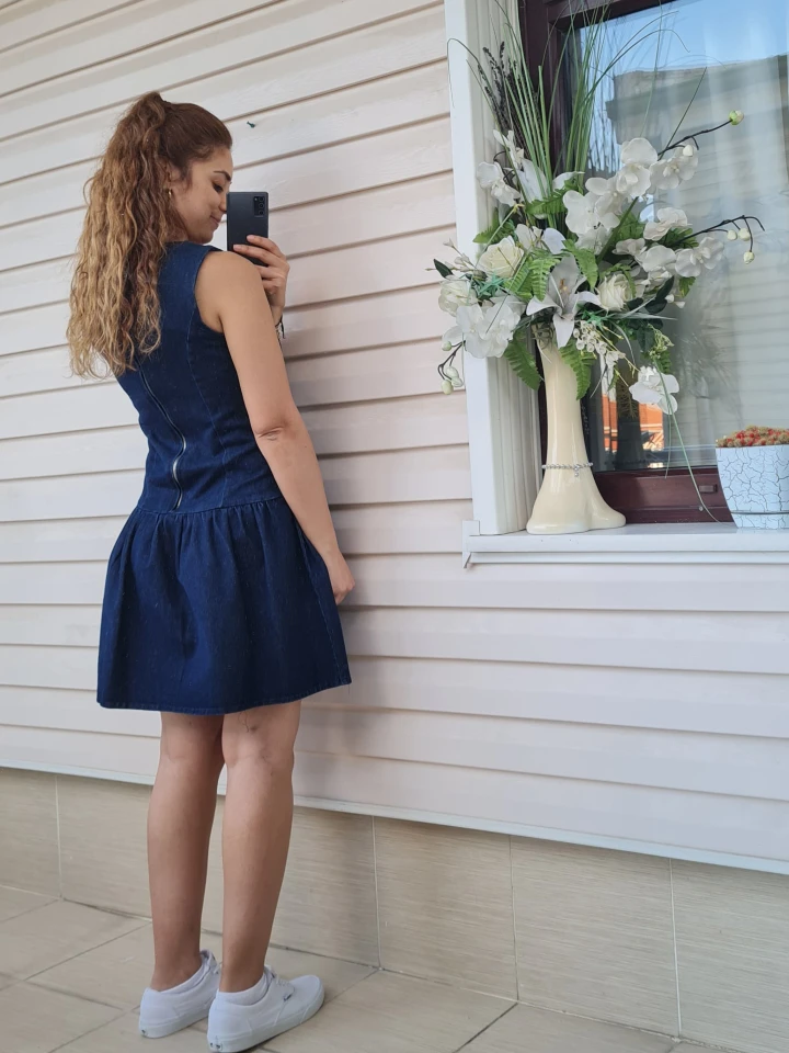 Kot Rengi Fermuarlı Denim Elbise - Lacivert renk