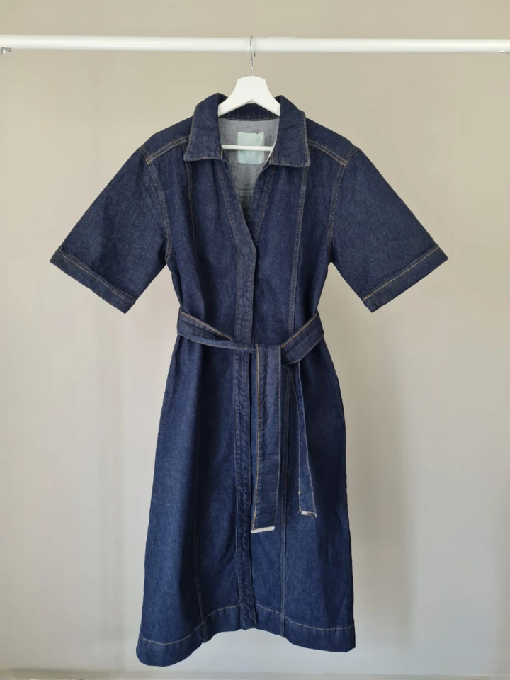 Telablanka Beli Kuşaklı Denim Kot Midi Elbise