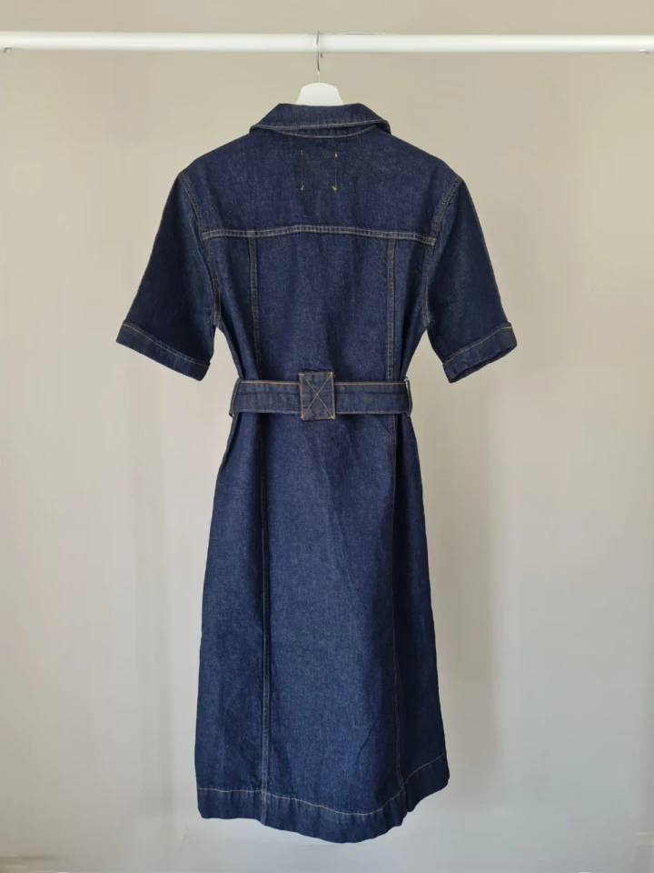 Telablanka Beli Kuşaklı Denim Kot Midi Elbise