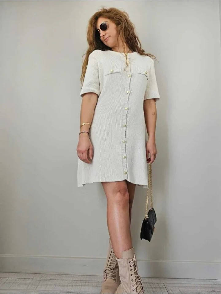 Önden Düğmeli Kısa Kol Triko Elbise