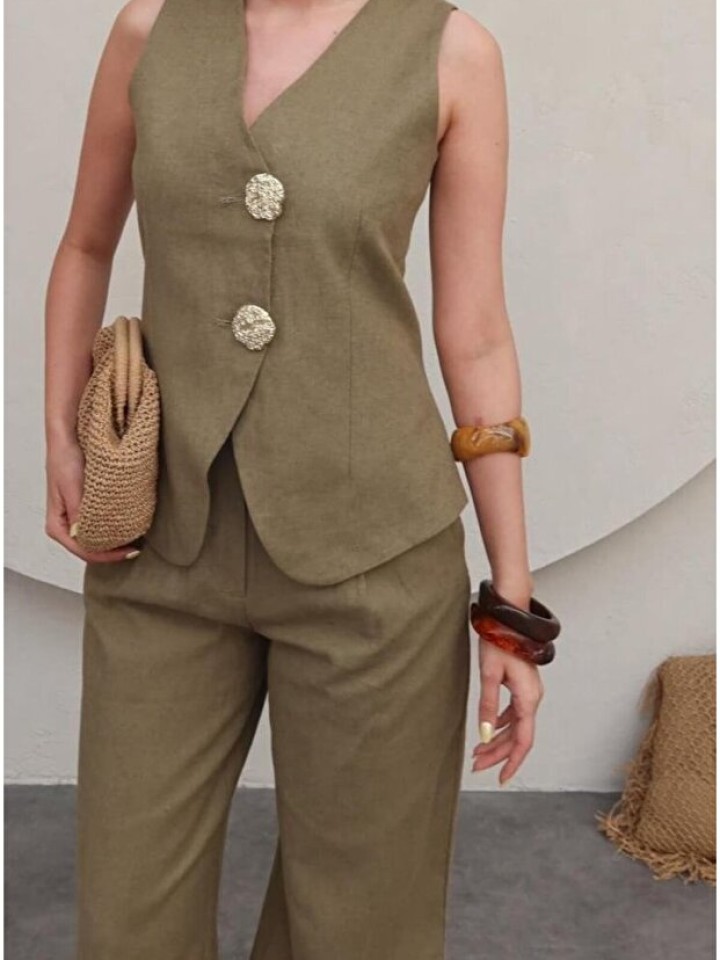 Telablanka Keten Takım Gold Çift Düğmeli Keten Takım